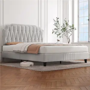 Yaheetech Beige 4ft6 Double Upholstered Bed Frame with Button-Tufted Adjustable Headboard and Wooden Slat Support