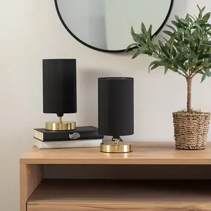 Pair - Brushed Gold Cylinder Touch Dimmer Table Lamp with Black Fabric Shade Bedside Light Bedside Light - LED Bulbs Included