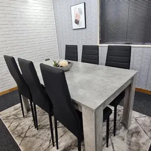 Dining Table and 6 Chairs Stone Grey Effect Wood Table 6 Black Leather Chairs Dining Room