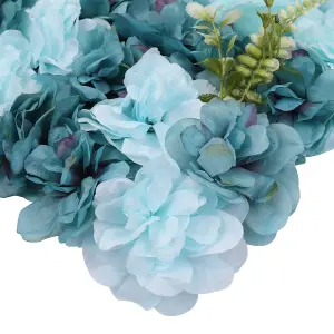 Artificial Flower Wall Backdrop Panel, 60cm x 40cm, Turquoise Blue with Leaves