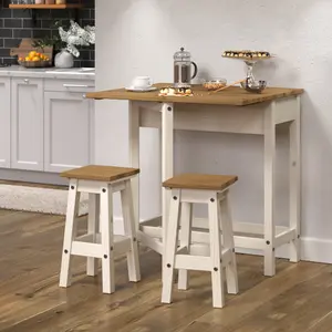 Corona breakfast drop leaf table & 2 stools set, white waxed pine