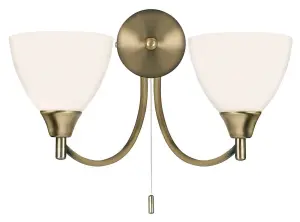 Luminosa Alton 2 Light Indoor Wall Light Antique Brass with Opal Glass, E14