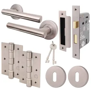 AFIT Door Handles Satin Nickel Key Lock Set Round T-Bar, Sash Lock, Hinges (76mm) & 2 Escutcheons Olvera