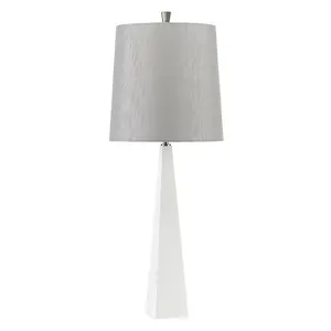 Square Table Lamp Tapered Column Light Grey Faux Silk Shade White LED E27 60W