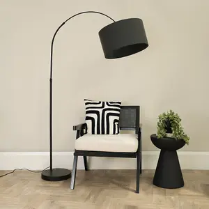 ValueLights Louis Black Arched Curved Floor Lamp with Charcoal Fabric Drum Lamp Shade