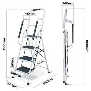 4 Step Safety Stepladder - White Foldable Ladder with Wide Non-Slip Treads, Safety Handrail & Rubber Ferrules - H159 x W53 x D84