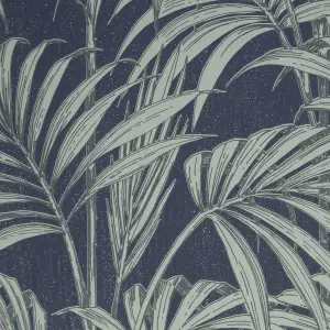 Julien MacDonald Honolulu Green & navy Glitter effect Leaves Smooth Wallpaper