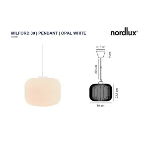 Nordlux Milford 30 Indoor Living Dining Glass Pendant Ceiling Light in Opal White (Diam) 30cm