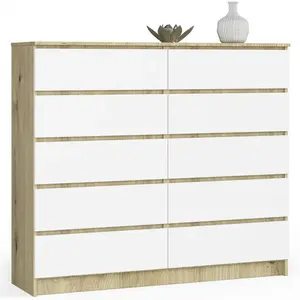 Sideboard, Chest Of Drawers 10 Drawers, Contemporary Chest Of Drawers, Modern Living Room Furniture 121 x 120 x 40 cm Natural Oak/White