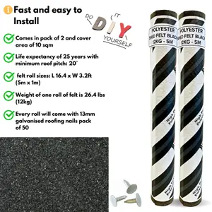 2 Rolls Heavy-Duty Black Polyester Shed Roofing Felt (5m x 1m) - With 13mm Pack of 50 Galvanized Nails - 25-Year Life Expectancy