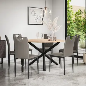 Malvern Round Dining Table And Chairs -  Oak Table Top w Solid Oak Black Legs + Monza Faux Leather Dining Chair Set Of 6 (Grey)