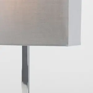 ValueLights Dewy Modern Polished Chrome Square Tube Table Lamp with Grey Rectangular Shade