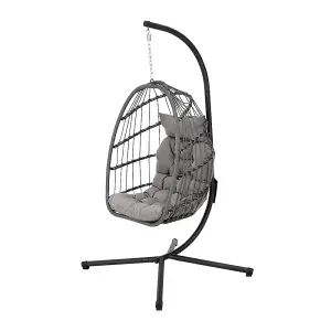 Grey Hanging Chair with Black Stand and Dark Grey Cushion