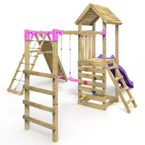 Rebo Wooden Climbing Frame with Swings, Slide, Up & over Climbing wall and Monkey Bars - Dolomite Pink