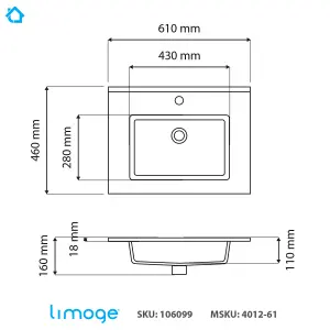 4012 Ceramic 60cm x 45cm Thin-Edge Inset Basin with Rectangular Bowl