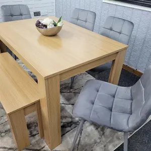 Dining Table and 4 Chairs With Bench Oak Effect Wood 4 Grey Velvet Chairs Dining Room