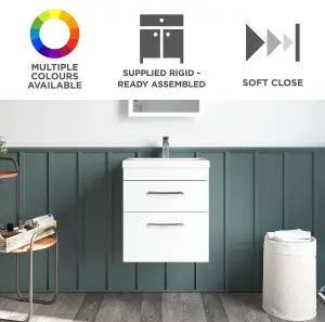 Rio 2 Drawer Wall Hung Vanity Basin Unit - 500mm - Gloss White with Brushed Brass D Handles (Tap Not Included)