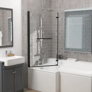 Rinse 810x1400mm Square Bath Shower Screen Bifold 6mm Safety Glass Easy Clean Panel Frameless Pivot Screen Black with Towel Rail