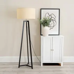 ValueLights Lottie Black Wood Tripod Floor Lamp with Natural Drum Shade