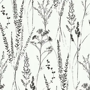 Grandeco Halm Grass & Flower Sprigs Blown Vinyl Wallpaper, White