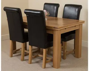 Richmond 140cm - 220cm Oak Extending Dining Table and 4 Chairs Dining Set with Washington Black Leather Chairs