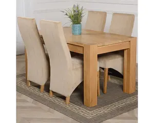 Kuba 150 x 85 cm Chunky Medium Oak Dining Table and 4 Chairs Dining Set with Lola Beige Fabric Chairs