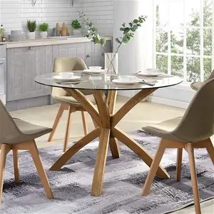 Lugano Glass & Oak Round Dining Table, Glass Top Solid Oak Legs, Modern Designer Dining Furniture Modern Wooden - Cherry Tree Furniture - Dining