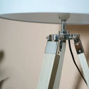 ValueLights Clipper Modern Distressed Wood and Silver Chrome Tripod Table Lamp with White Tapered Light Shade