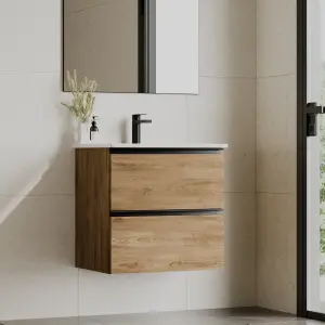 Banyetti Akiro 600mm Wall Hung Basin Unit with Matt Black Handles - Walnut