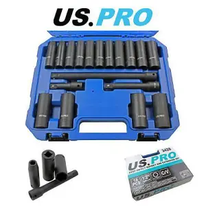 US PRO Impact Sockets 18PC 1/2" Deep 10 - 24mm And Extension Bar Set 3428