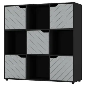 URBNLIVING 91cm Height Black Wooden 9 Cubes Bookcase with Grey Line Door Display Shelf Storage Shelving Cupboard