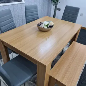 Dining Table and 4 Chairs With Bench Oak Effect Wood 4 Grey Leather Chairs Dining Room