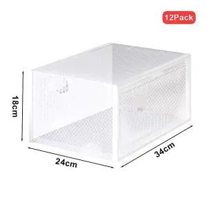 12 Pcs White Stackable Plastic Shoe Box Sneakers Storage Box Organiser, Fit Size up to 12