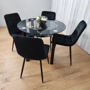 Round Glass Black Kitchen Dining Table With Storage Shelf And 4 Black Tufted Velvet Chairs Kitchen Dining Set