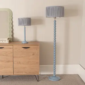 ValueLights Bobbins Powder Blue Floor Lamp with Ruched Pleated Powder Blue Drum Shade and LED Bulb