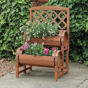 Wooden Garden Twin Barrel Planter With Trellis, Plant Pots For Growing/Climbing Plants - H37 x W63 x D63 cm