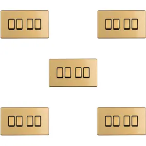 5 PACK 4 Gang Quad Light Switch SCREWLESS SATIN BRASS 2 Way 10A Slim Rocker