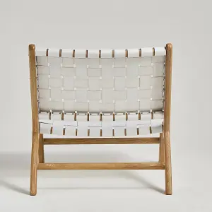 London Accent Chair White Real Leather Woven Straps Seat Nordic Style Teak Frame