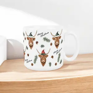 Christmas Highland Cow Mug - Novelty Xmas Farm Animal Gifts - Tea/Coffee Cup