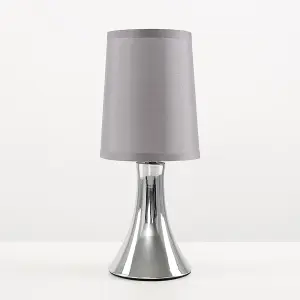 ValueLights Pair Of Modern Chrome Trumpet Touch Table Lamps With Grey Fabric Shade