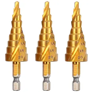 Rennie Tools Pack Of 3 x 4-20mm HSS Spiral Flute Step Drill Bit Titanium (TiN) Coated Cone / Hole Cutter For Steel Plastics & Wood