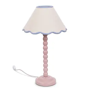 ValueLights Bobbles Rose Pink Bobbin Table Lamp with Blue Trim Scallop Shade