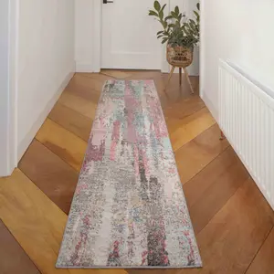 Soft Abstract Distressed Pastel Pink and Blue Fireside Living Area Rug 60cm x240cm