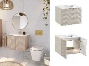 Bathroom Vanity Sink Unit Basin 600mm Modern Wall Hung Cabinet Ribbed Beige Cara