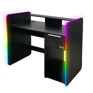 X-Rocker Electra RGB Gaming Desk 110cm Wide PC Computer Table Drawer Shelf App Controlled LED Lights & Wireless Charging - BLACK