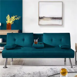 Yaheetech Aqua Blue Fabric Upholstered Convertible Futon Sofa Bed for Small Space