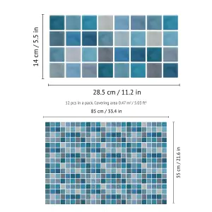 Walplus Classic Blue And Grey Mosaic Wall 2D Tile Stickers 11.2 x 5.5 inches / 28.5 x 14 cm 12 Pcs