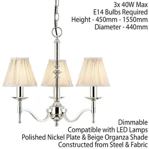 Avery Ceiling Pendant Chandelier Light 3 Lamp Bright Nickel & Beige Pleat Shade