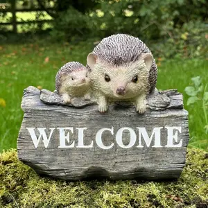 Hedgehog garden decoration with WELCOME wording, wood effect resin, novelty Hog lover gift