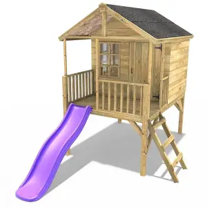 Rebo 5FT x 5FT Childrens Wooden Garden Playhouse on Deck + 6ft Slide - Partridge Purple